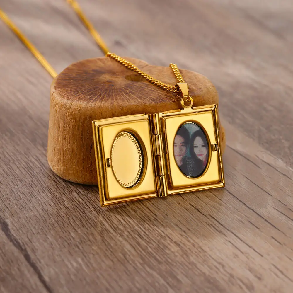 Stainless Steel Custom Book can be opened Photo Pendant Necklace for Woman Personalized Family Picture Memorial Jewelry Gifts