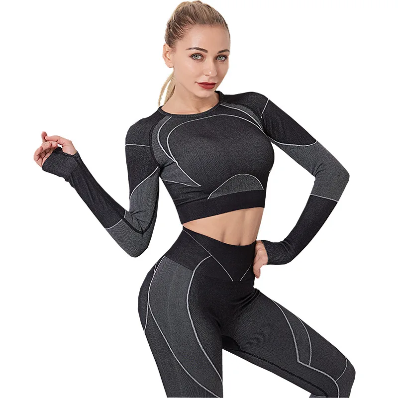 Ins Hot GymS Women Spring 2022 Active Yoga Wear Seamless High Quality Fitness Set Long Sleeves Crop Top Legging