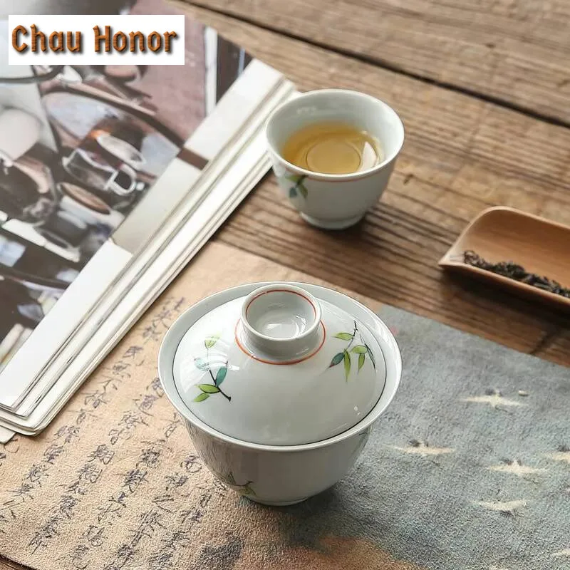 150ml Japanese Underglaze Color Hand-painted Bamboo Painting Tea Bowl Ceramic Cover Bowl Kungfu Teaset Customized Gift Tea Maker