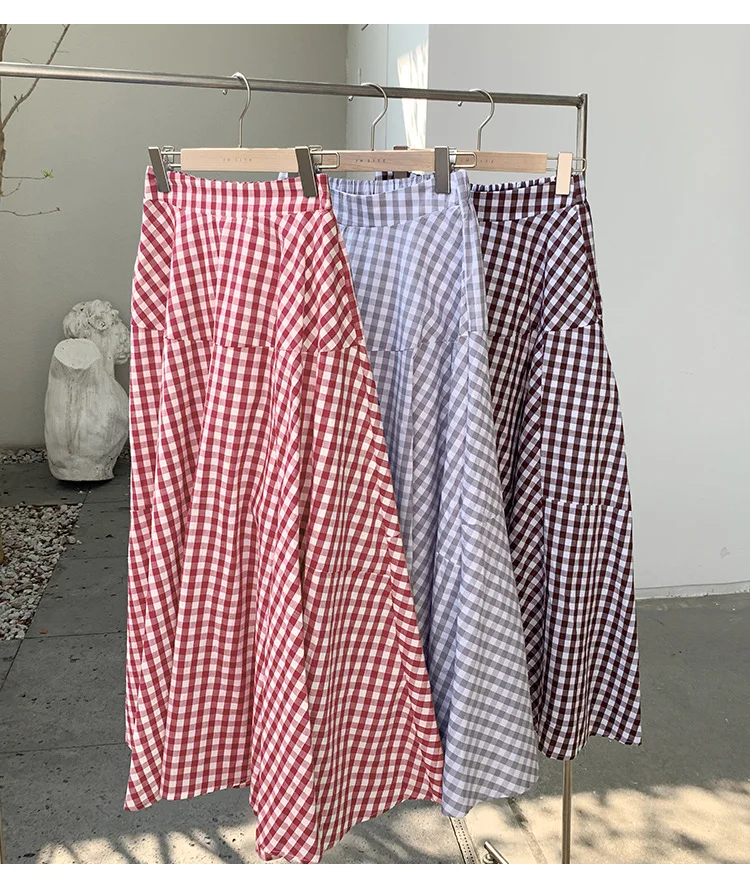 Korean Style Colored Plaid A-line Long Cotton Skirts 11