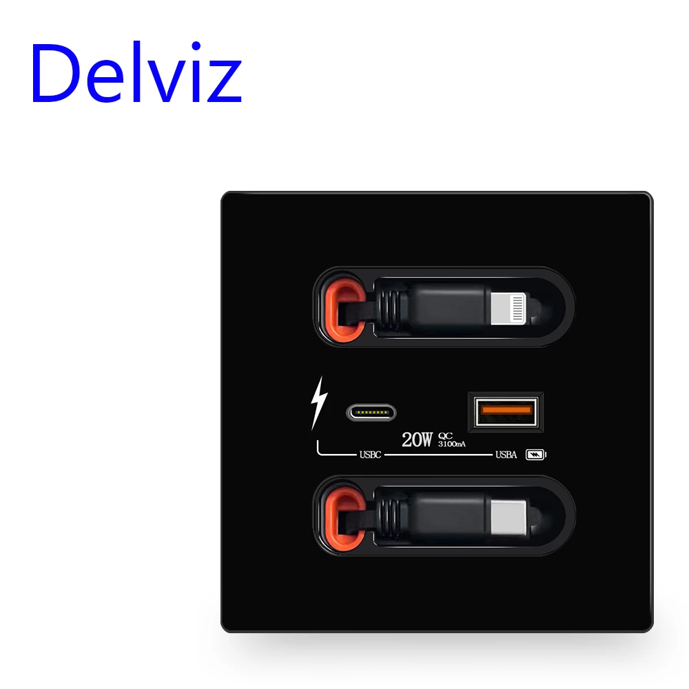 Delviz USB Socket with charging cable Retractable, Universal 5V 3100MA USBA+USBC Port, 20W Fast charging Type-C Wall USB Socket