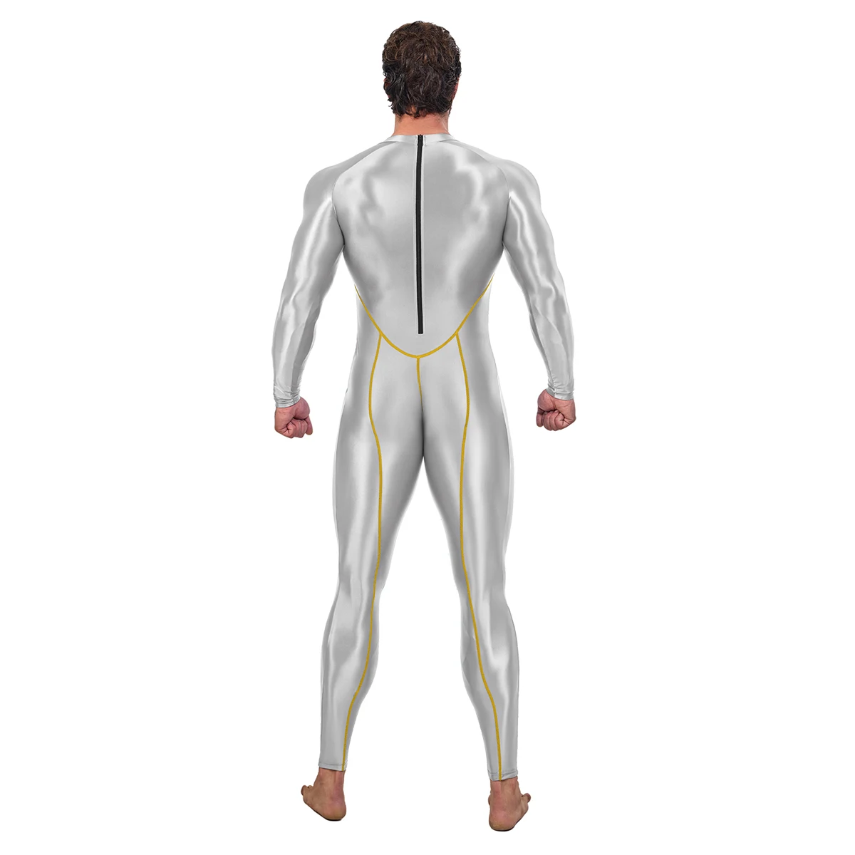 AMORESY Draco Men Oily Glossy Elastic Patchwork Jumpsuit Tracksuit Bodysuit Wrestling Sport Gym Fitness Tight Overalls Sweatsuit