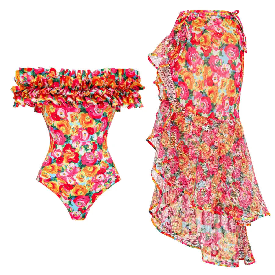 Ruffled Straps Floral Print Bikini High Waist Swimsuit Set Swimwear Women High Waist Two Piece Flaxmaker Clearance Wholesale
