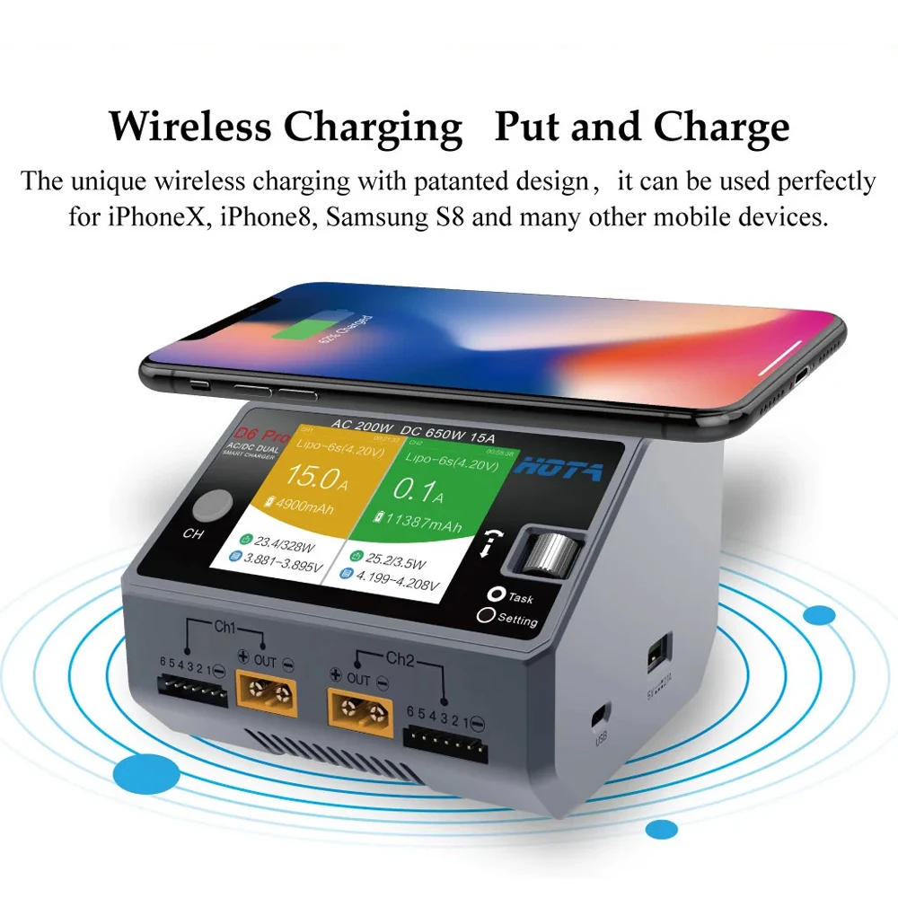 HOTA D6 Pro Smart Charger Dual Channel AC200W DC650W 15A, Supports LiPo/NiMH/NiCd/NiZn & Phone Charging for FPV Drone thumbnail 5