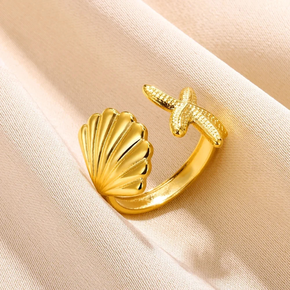 Stainless Steel Shell Rings for Women 316L Adjustable Gold Color Little Star Open Rings Female Jewelry Weddings Gifts New Trendy