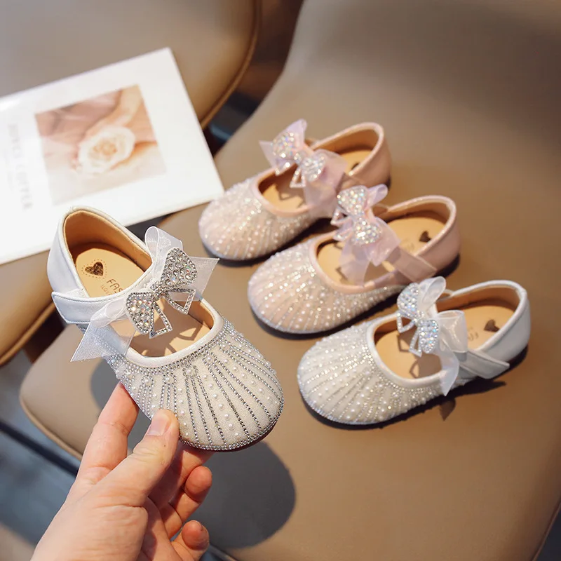 Kinder Pailletten Lederschuhe vielseitige Mädchen Prinzessin Strass Spitze Bowknot Einzels chuhe Mode Kinder Hochzeits kleid Schuhe