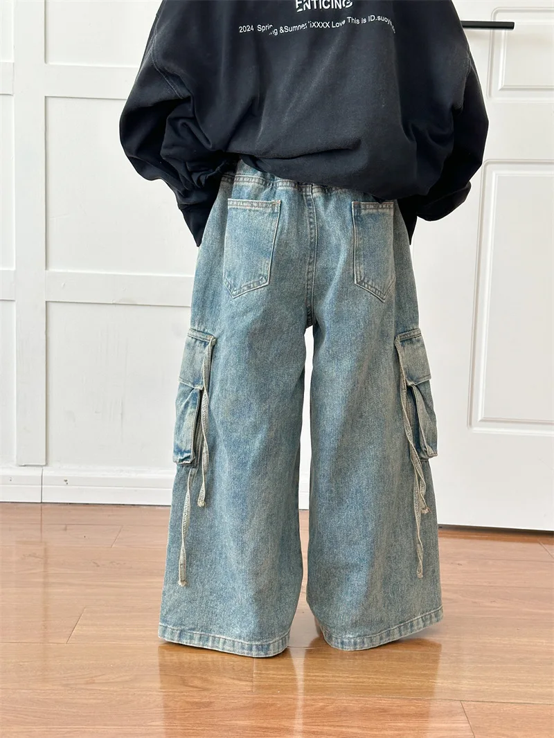 Children Clothing Kids Casual Pants 2024 Spring New Fashionable Korean Style Denim Overalls Boys Girls Vintage Wide-leg Pants
