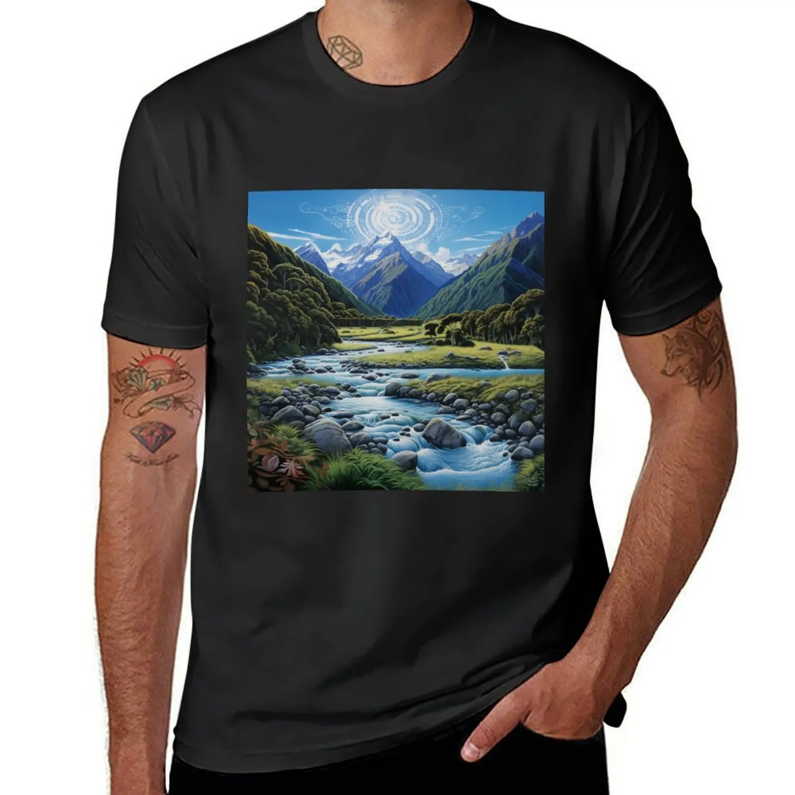 

New Zealand landscape with stream and mandala. T-Shirt graphics funnys summer top sports fans heavy weight t shirts for men