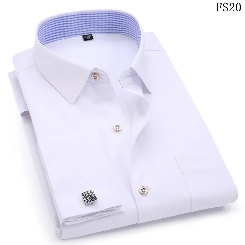 2023 Men French Cufflinks Shirts White Collar Design Solid Color Jacquard Fabric Male Gentleman Dress Long Sleeves Shirt