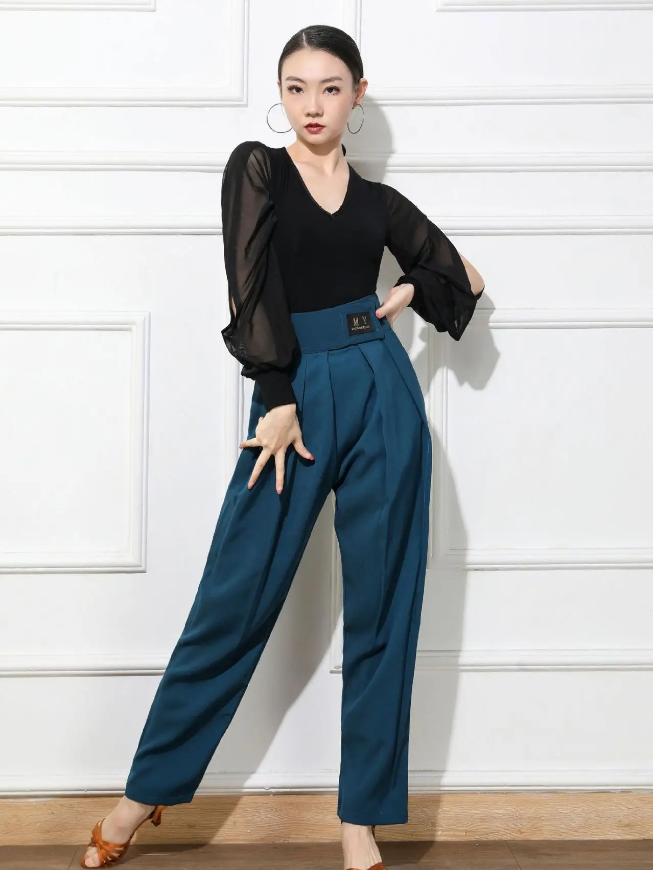 Solid Color Modern Latin Dance Practice Pants Belly Costume Classical High Waist Competition Line trousers Women Ballroom Jazz