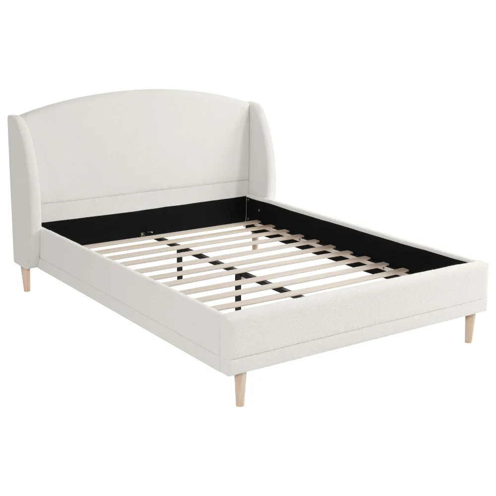 140×190cm großes modernes Doppelbett aus gewelltem Stoff, Kopfteil mit Ohren, geschwungenes Design, solide Lattenrostbasis, Heeva-Holzfüße, Elfenbeinweiß – Detail 8