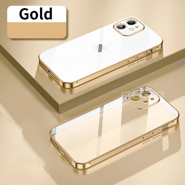 Luxury Soft Silicone Case for iPhone 13 12 11 Pro Max mini XR X XS Plating Square Frame Shockproof camera protect Clear TPU case Gold