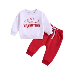 2024 0-3Y Baby Boy Valentine’s Day Outfits Letter Print Long Sleeve Sweatshirt + Solid Color Pants Infant Clothes Set