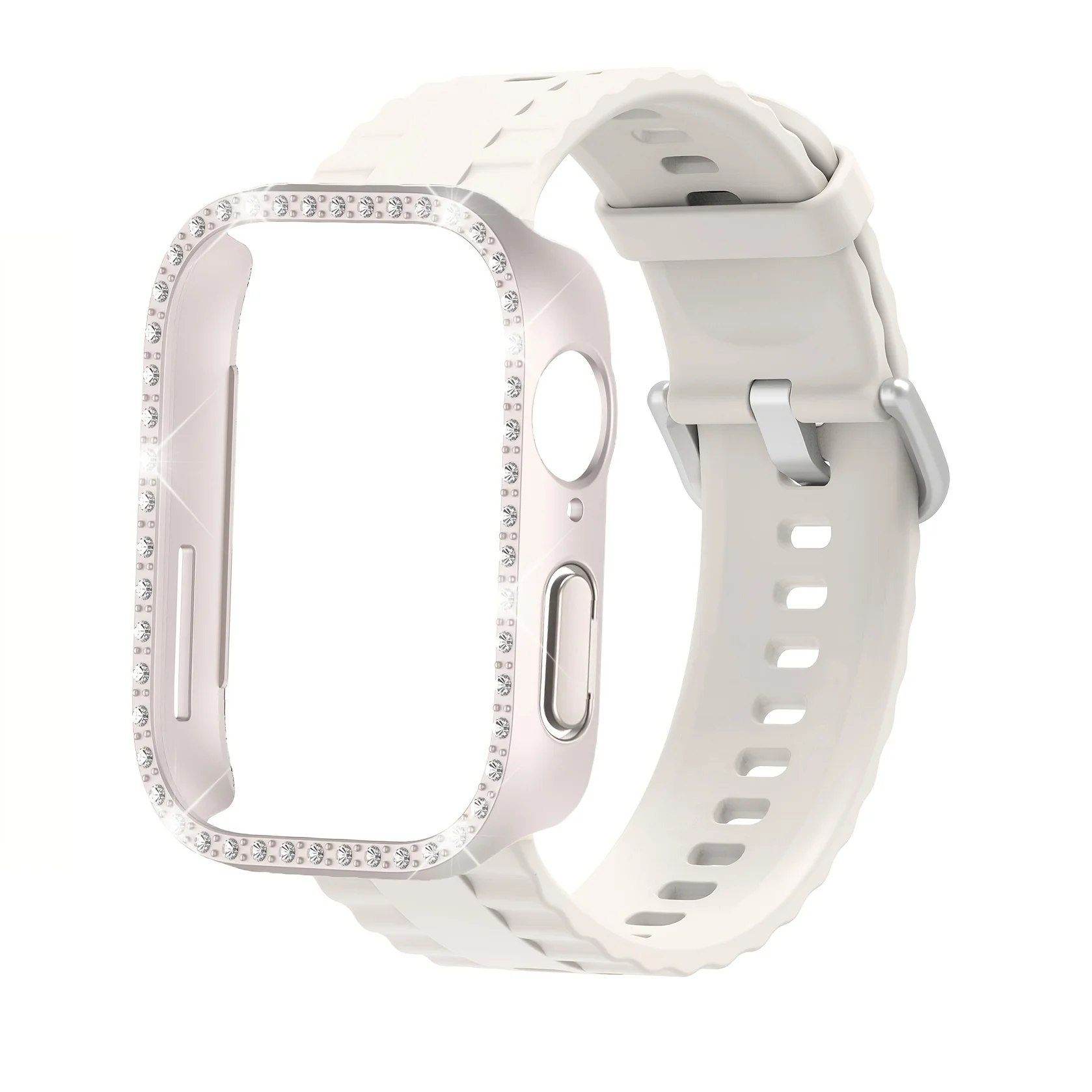 Rhinestone-Studded Soft Watch Band with Protective PC Case - Elegant Strap and Cover Set