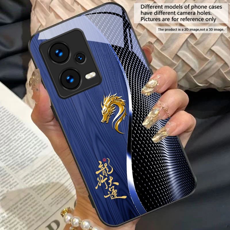Elegant Black Tempered Glass Phone Case with Traditional Dragon Totem Design