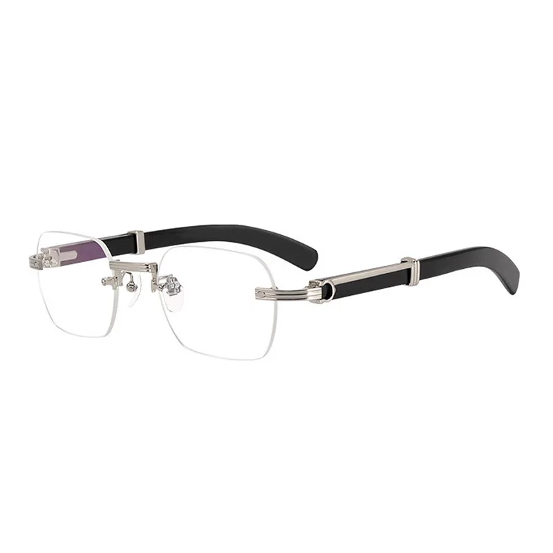 Luxury Rimless Reading Glasses with Buffalo Horn Temples - Anti Blue Light Business Eyewear