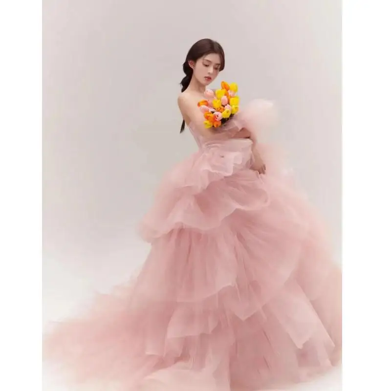 Sweet Colorful Wedding Dresses For Woman With Small Train Sexy Straples Ball Gown Wedding Dress Tiered Tulle Wedding Party Dress tulle layers flower girl dress elegant girl for wedding ceremony party dress cute ball gown princess dresses 2021 hot sale