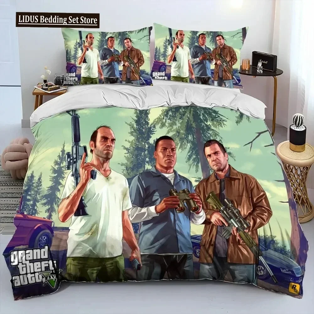 Grand Theft Auto GTA Gamer Comforter Bedding Set,Fashion Polyester Duvet Cover Bed Set Pillowcase, King Queen Size Quilt Cover 2