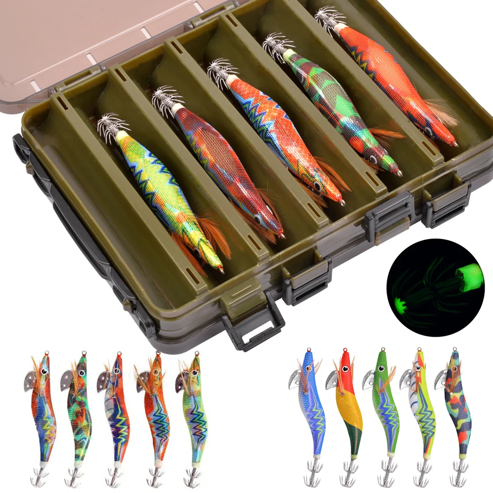 

10Pcs/Box Luminous Squid Jig Fishing Wood Shrimp Lure Lead Sinker Squid Jig Hook For Octopus Cuttlefish Shrimp Bait
