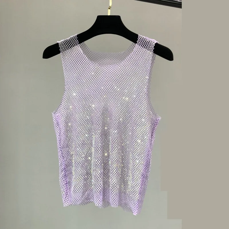 

Fashion Spring Autumn Bling Rhinestone Mesh Vest Goddess Bright Rhinestone Vest Hollow Diamond Glittering Sleeveless Purple Vest