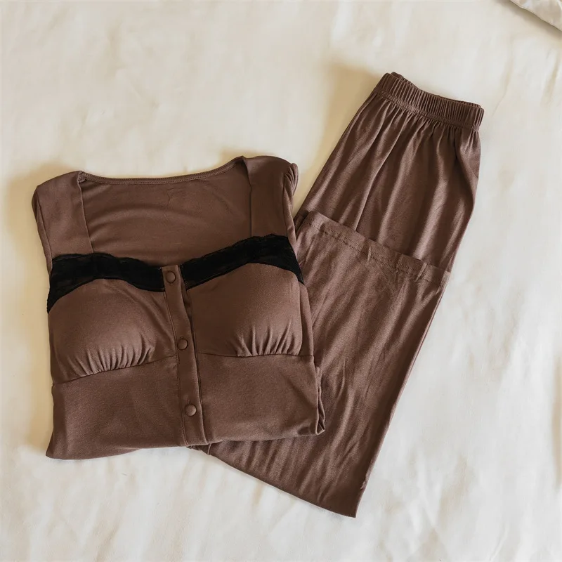 Koreanische Pijama Mujer Neue Quadrat Kragen Modale Nachtwäsche Frauen Herbst Winter Pyjamas Set Hause Tragen Brust Pad Langarm Hose Anzug – Detail 27