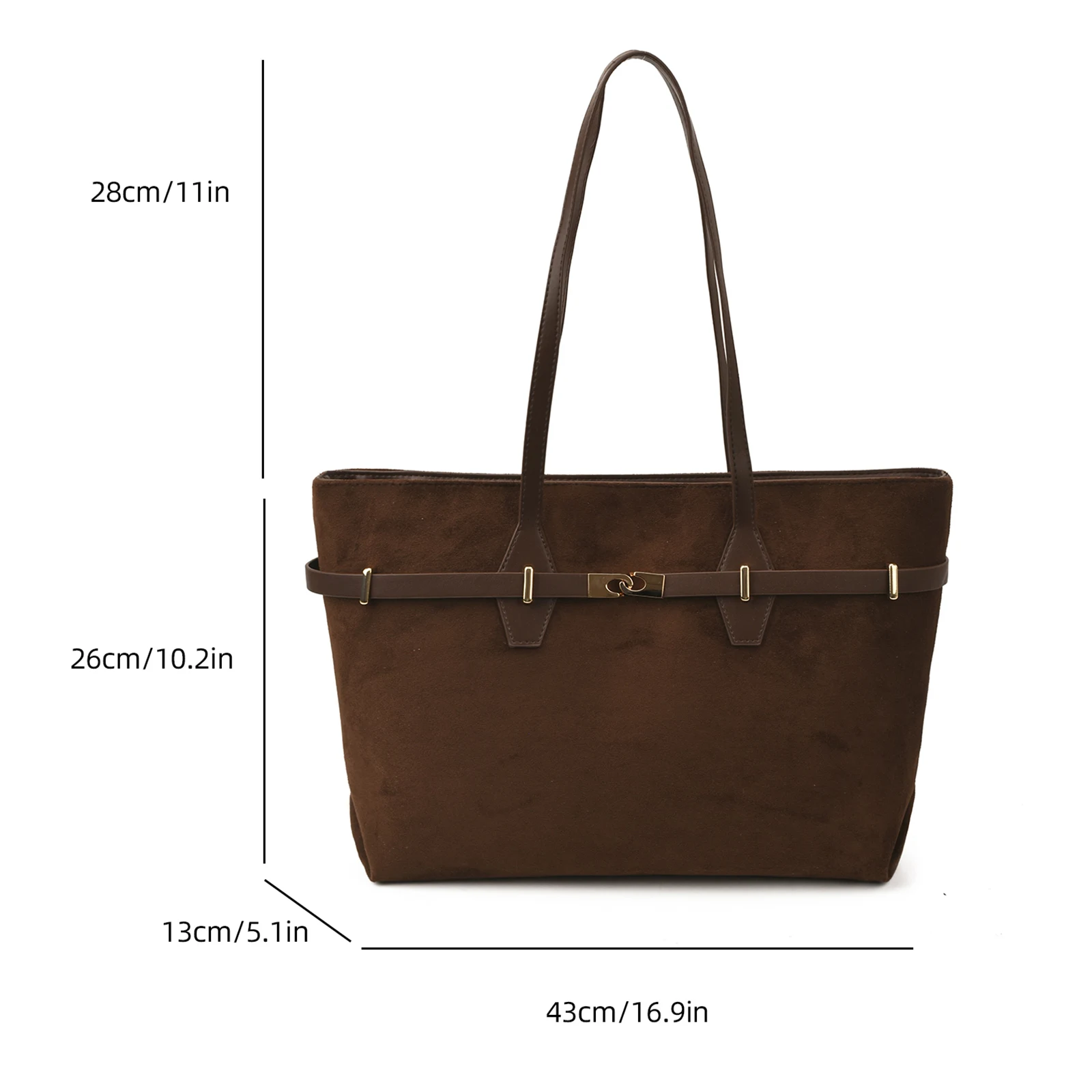 Women Faux Suede Large Capacity Tote Bags with Zipper Belt Decoration Handbag Niche Retro Tote Handbag for School Work Daily Use