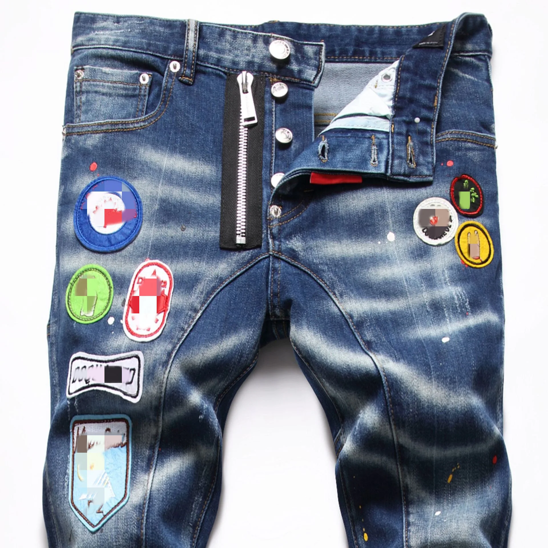 European and American fashion badge embroidery stretch hole hand-painted small straight leg jeans for men