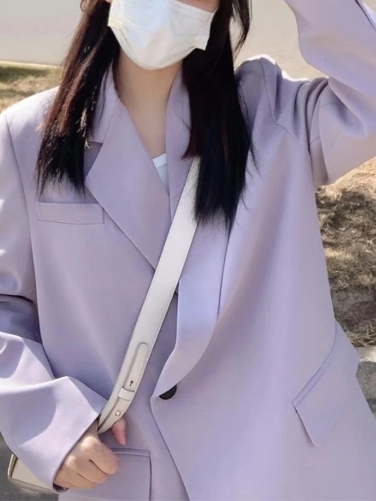 Fashion New Women Vintage Purple Blazer 2 Pieces Set Casual Elegant Solid Suit Jackets Wide-Leg Pants Outfits Female Pantsuits