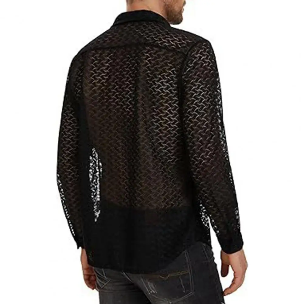 

Vacation Shirt Men's Lace Mesh Cardigan with Turn-down Collar for Summer Vacation Beach Wear Sheer Long Sleeve Shirt for Stylish