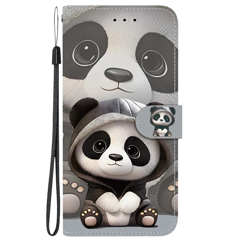 Leather Phone Cover with Lion and Panda Design - Wallet Flip Case with Card Protection