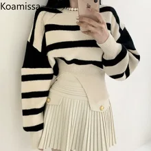

Koamissa New 2021 Autumn Winter O Neck Sweater Women Striped Long Sleeve Pullover Tops Casual Side Split Loose Jumper Pull Femme