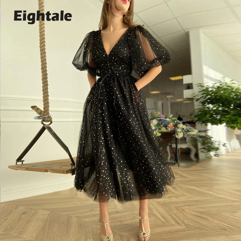 

Eightale Starry Prom Dresses 2022 V Neck Sparkly Evening Gown Short Party Dress with Pockets vestidos para graduación