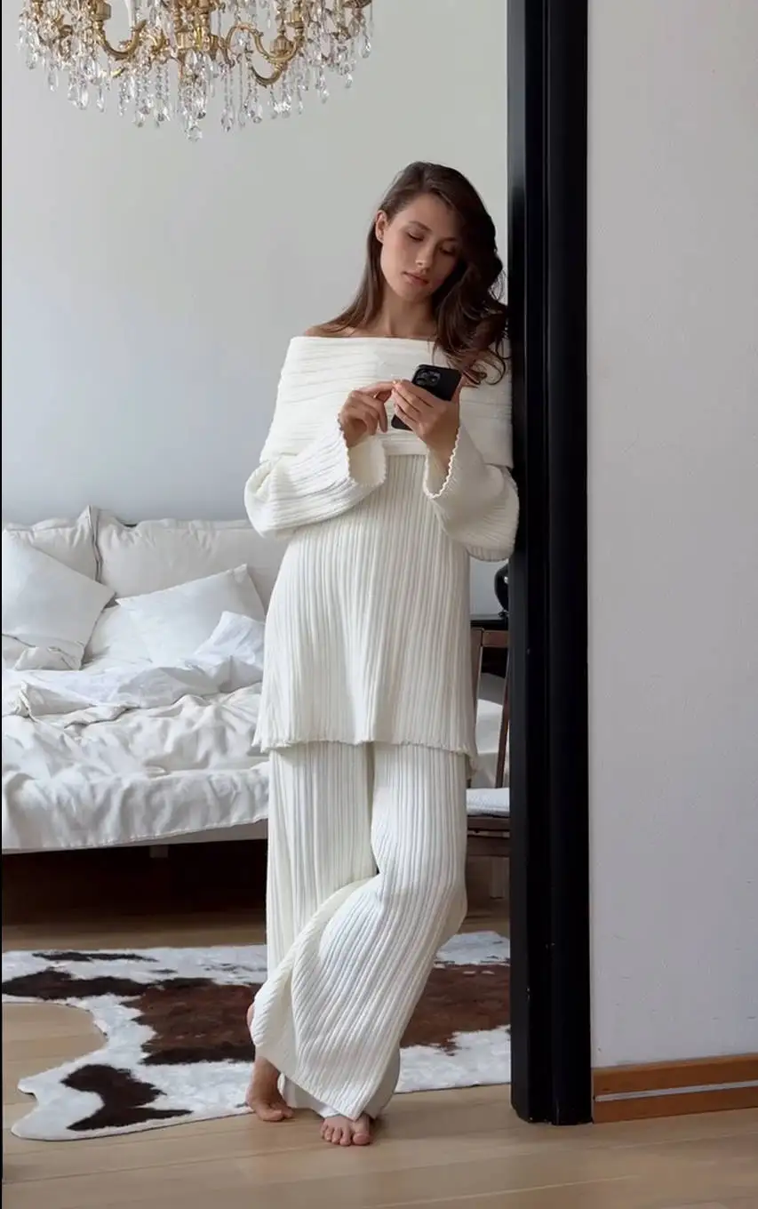 Elegant One-Shoulder Knitted Dress For Women Loose Sexy Rib knit Sweater Autumn Winter Midi Dresses Female Long Sleeve