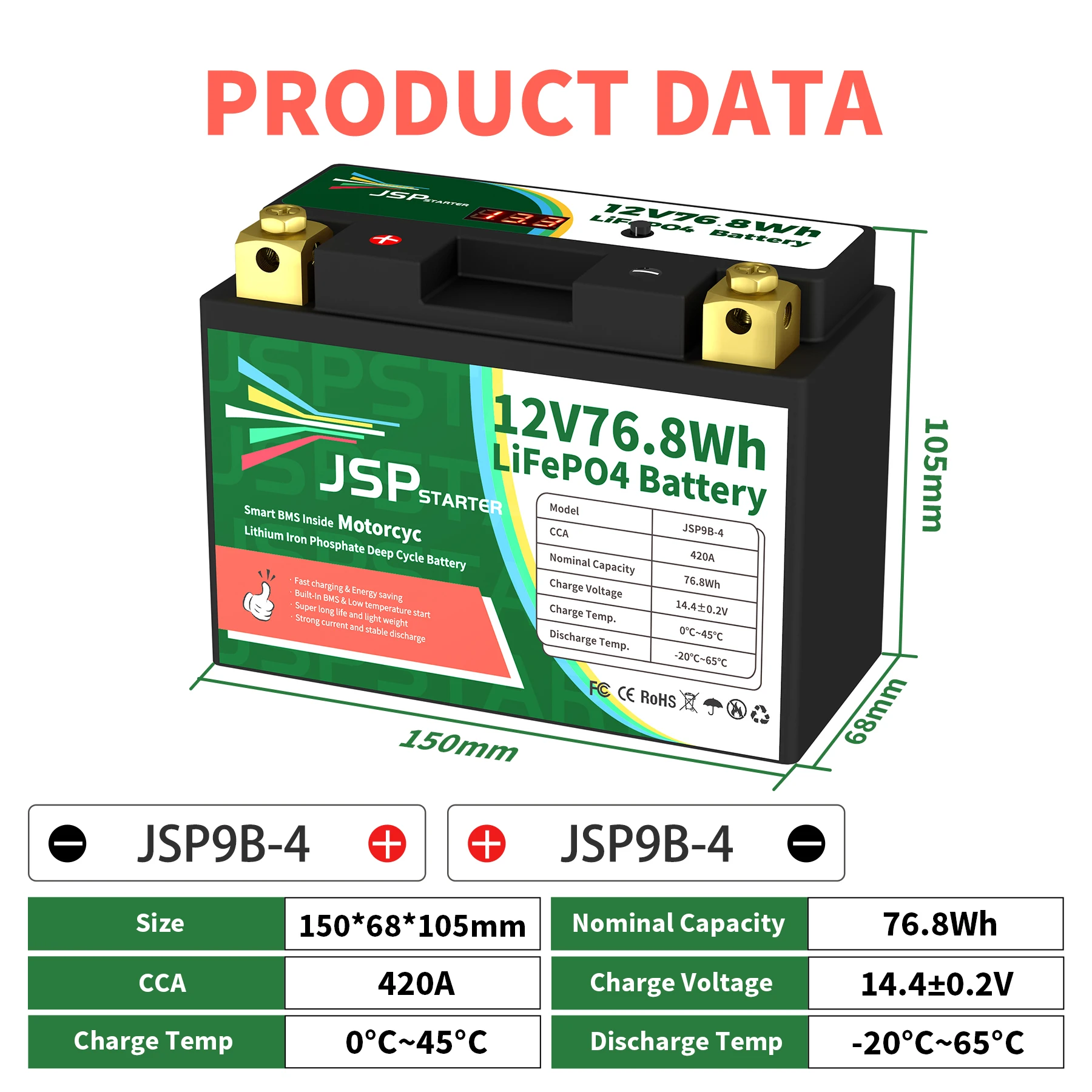 

JSP9B-4 12.8V 76.8Wh CCA 420A BMS Motorcycle Start Battery 12.8V Lithium iron Phosphate Scooter LiFePO4 Batteries YT9B-BS YT9B-4