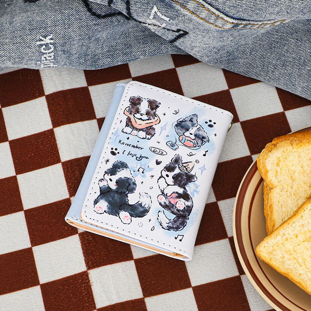 PU Leather Money Coin Purse Simple 3 Folds INS Style Credit Card Holoder Cute Kitten Dog Card Wallets for Girls Students Gift