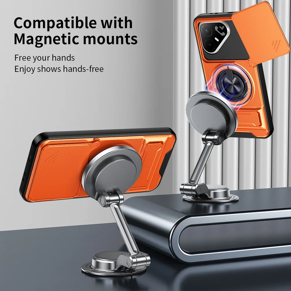 Enhanced Magnetic Ring Grip Car Holder Case with Push-Pull Protection and Lens Cover