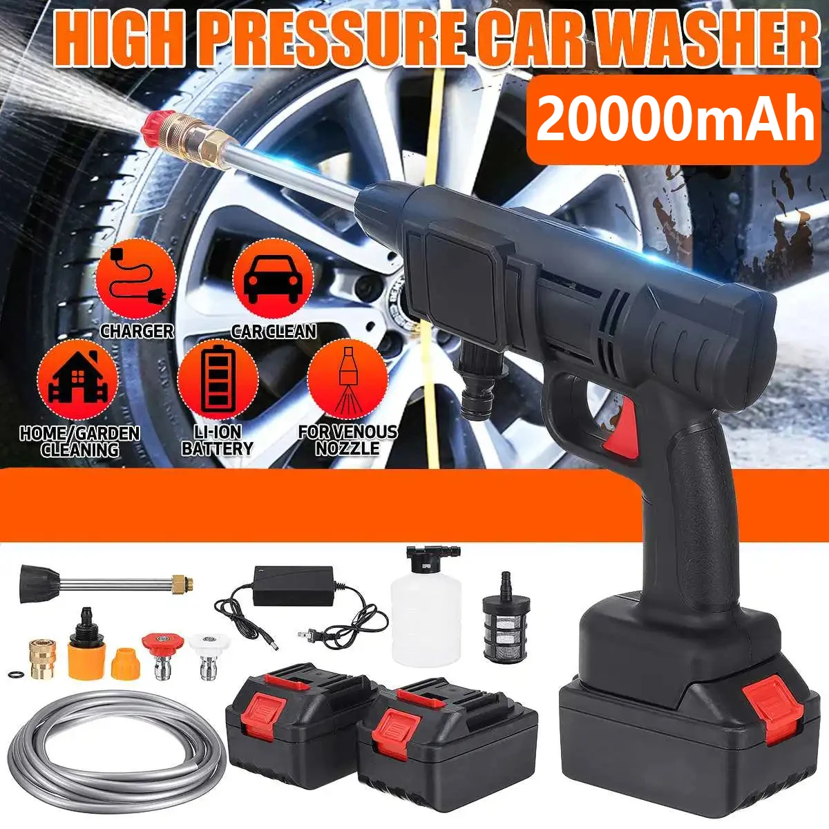 

20000mAh Cordless Pressure Washer 240W 60Bar Nozzle High Pressure Washer for Car Garden Cleaning Car Washing Machine Tools