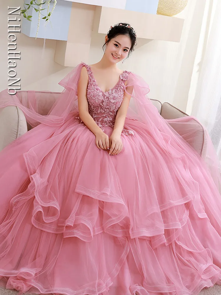 Quinceanera Dresses Sweet Pink Classic V-neck Applique Dresses For Prom Fairy Elegant Tulle Ball Gown