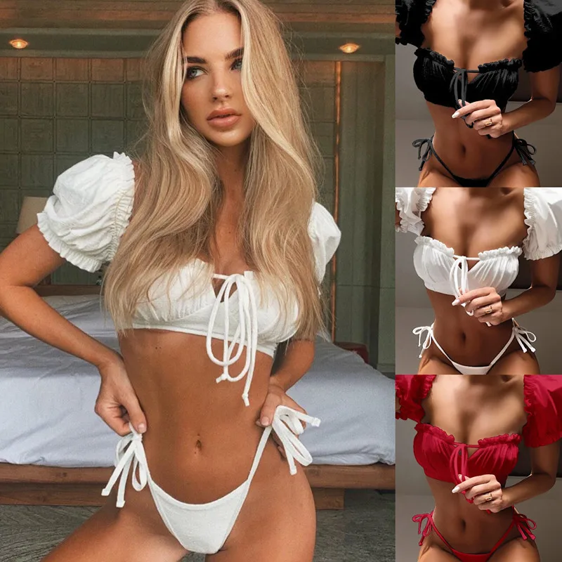 

New Bubble Sleeves Two -piece Swimsuit Women Metal Chain Knot Lace Up Sexy Bra Thong Bikini 2024 New Beach Bathing Suit Swimwear