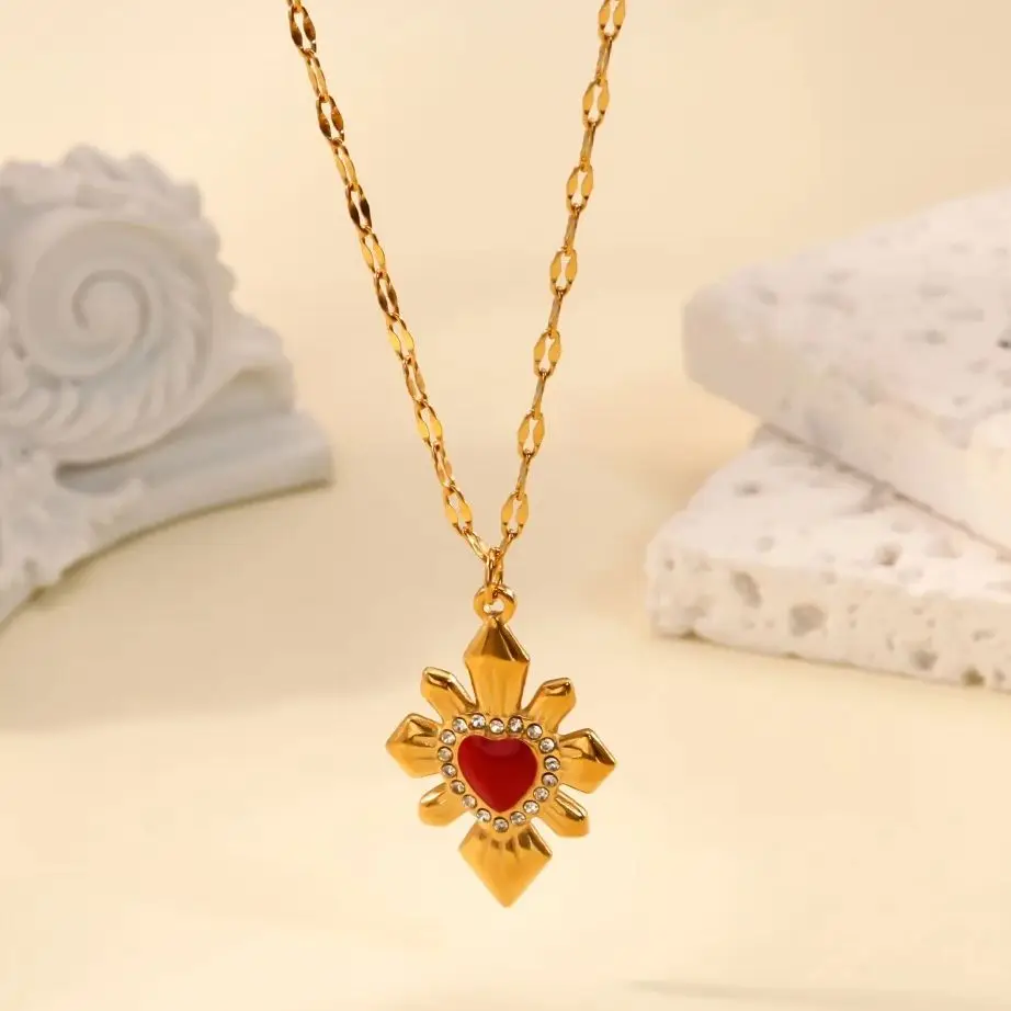 Heart Pendant Necklace for Women Red Gold Stainless Steel