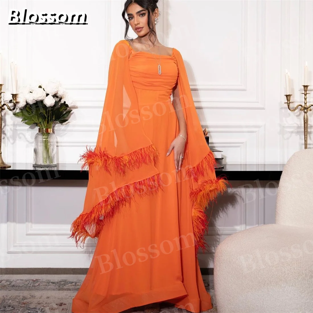 

Saudi Arabia Fashion Orange Prom Dresses Long Cape Sleeves With Feathers Evening Dresess 2024 A-line Formal Party Gown