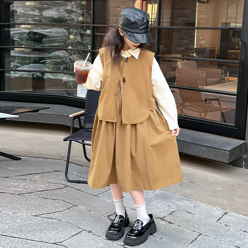 Little Girls Spring Fashion long-sleeved Shirt Dress One-piece Vest Suit Big Children And Teenagers Cotton Skirt 4-14 Years Old