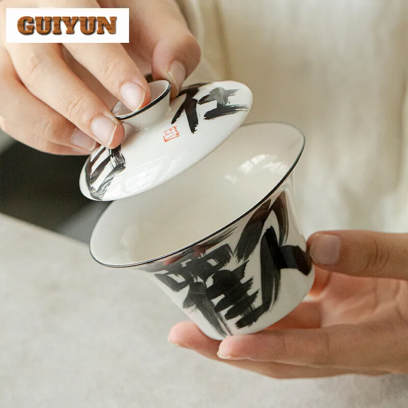 110ml Handwritten High-feet Cover Bowl Household Anti Scald Horseshoe Gaiwan Chinese Tea Tureen Tea Brewing Teaset Ornaments