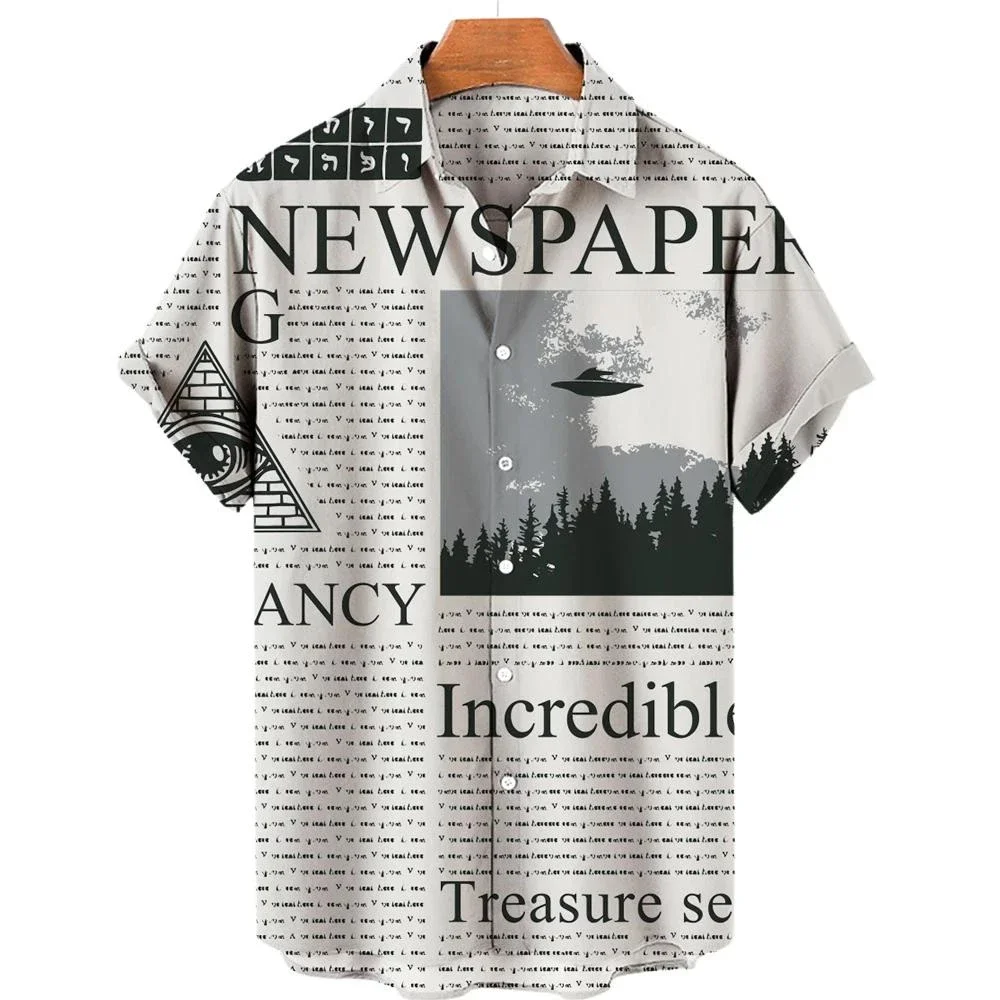 

2023 Male Clothes Retro News Papers Shirt For Men Vintage 3d Print Lapel Hawaiian Shirts Casual Short-sleeved Tops Men's Tees