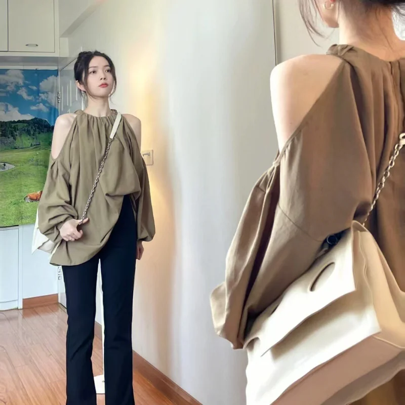 

LKSK Khaki Off Shoulder Bubble Sleeve Women's Shirt Early Spring New High-end French Camisole Shirt Unique Round Neck Hollow Out