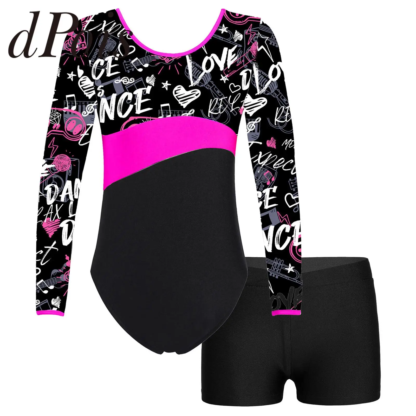 Kids Long Sleeve Gymnastics Leotards with Shorts Dancewear Sets for Yoga Athletic Biketard Jumpsuit Girls Ballet Dance Outfits