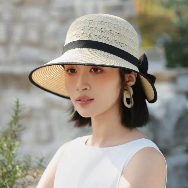 여성용 활 빨대 모자, 야외 자외선 차단 햇빛 차단 모자, 나들이 비치 버킷 햇, 한국 버전, 여름