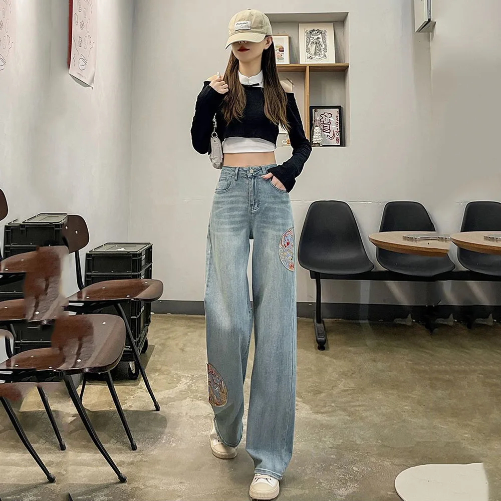 High Waist Retro National Style Embroidered Wide-leg Jeans Female Summer Loose Slim Narrow Straight Casual Mop Pants Female.