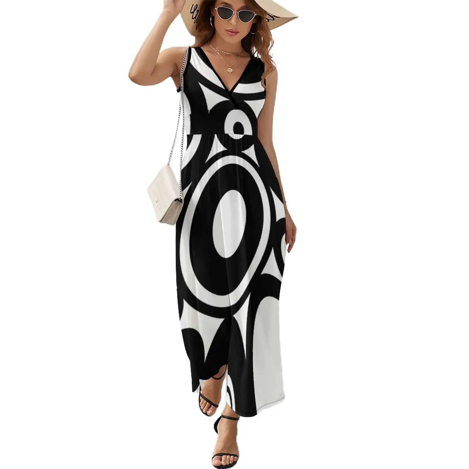 

Retro Black White Circles Pop Art Sleeveless Dress Women's summer dress Evening gown