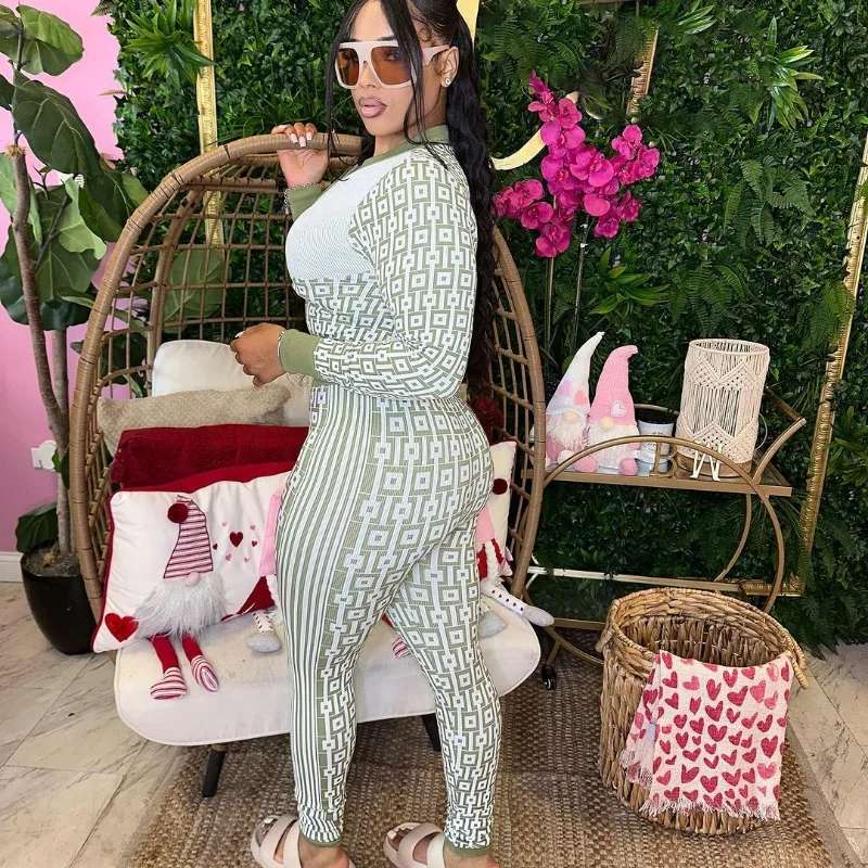 Casual Position Printed Two Piece Set Women Outfits 2023 Autumn Long Sleeve Half Zipper Crop Top Slim Pants Casual Tracksuit